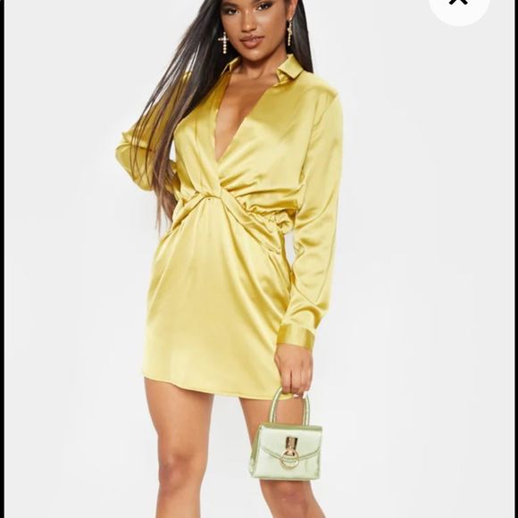 NWT Katalea Dark Lime Twist Front Silky Shirt Dress NWT pretty little thing - Picture 5 of 9